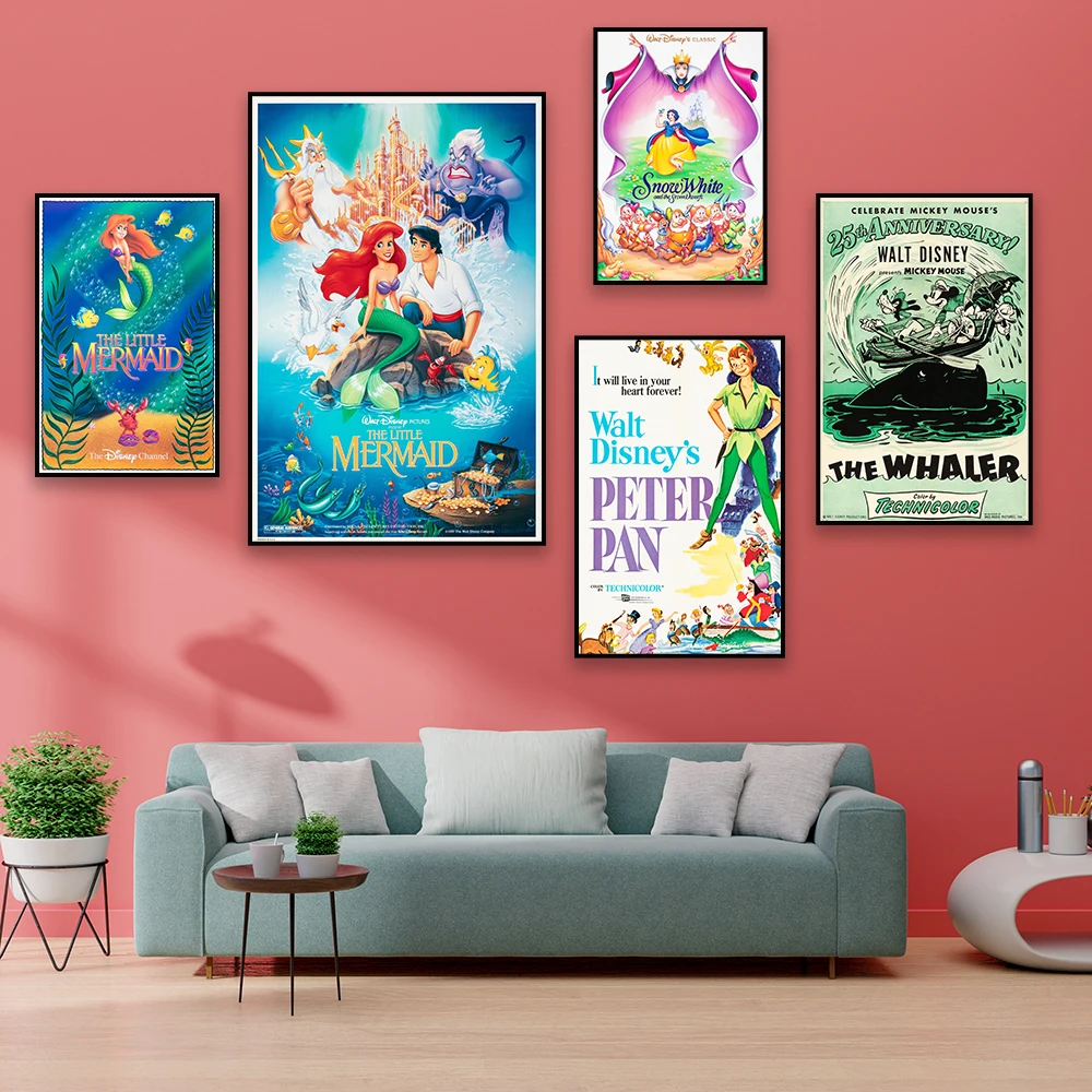 The Little Mermaid 1989 Disney Movie Prints Kids Bedroom Wall Art Peter Pan Snow White Canvas Painting