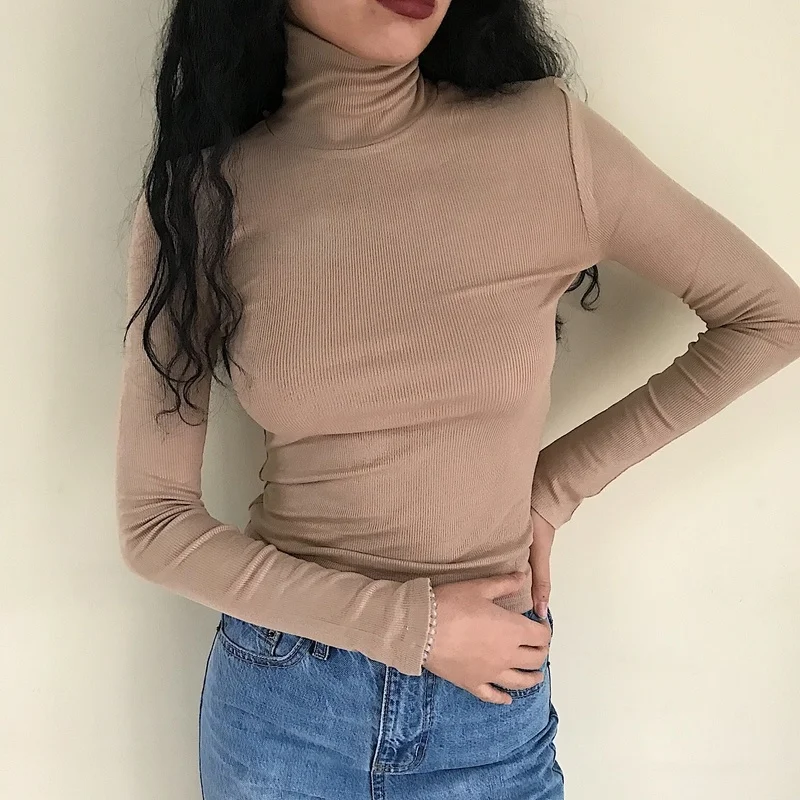 

Женский топ, тонкая Удобная рубашка с высоким воротником, футболка с длинным рукавом для женщин