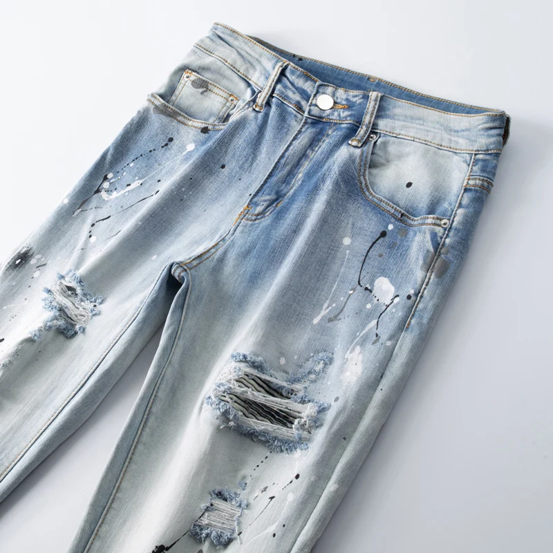 Street Fashion Men Jeans Retro Light Blue Elastic Stretch Skinny Ripped Jeans Men Patched Painted Designer Hip Hop Brand Pants