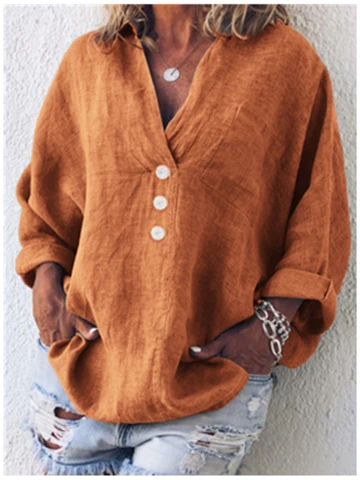 2022 Spring Fall Woman Shirt Casual Long Sleeve Cotton Linen Shirts OL Solid Color Lapel Loose Buttoned Blouse Ladies Tops Blusa