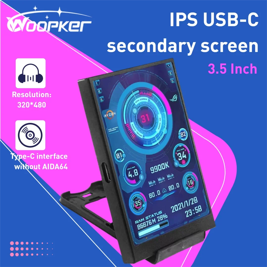Фото 3,5-дюймовый дополнительный экран компьютера IPS TYPE-C DIY с поддержкой процессора, графического процессора, оперативной памяти, монитора жесткого диска, USB-дисплей с AIDA64, подходит для Windows №1