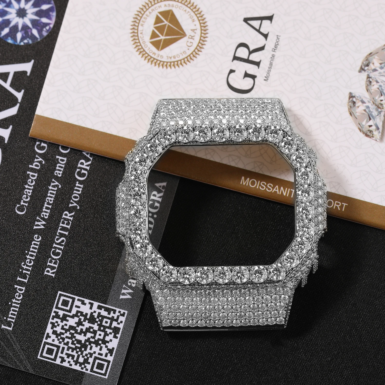 Фото Сертифицированный TBTK GRA муассанитовый корпус для часов с крупными круглыми камнями для DW6900, запасные части для корпуса часов в стиле хип-хоп. №4