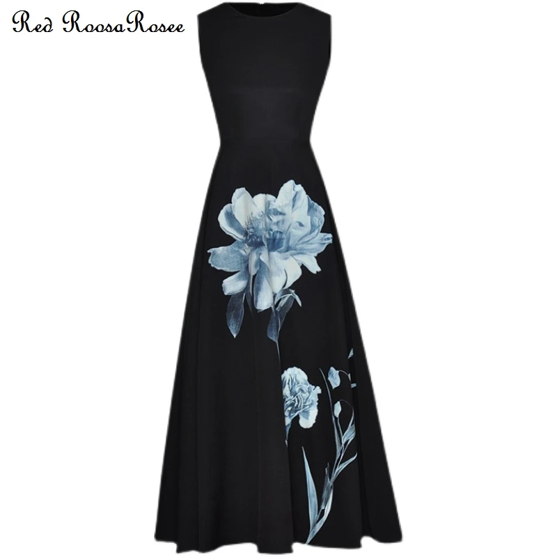 

Red RoosaRosee Briefly Floral Print Sleeveless Black Midi Lady Catwalk Dresses Female Designer 2022 Party Vestidos Robe Femme