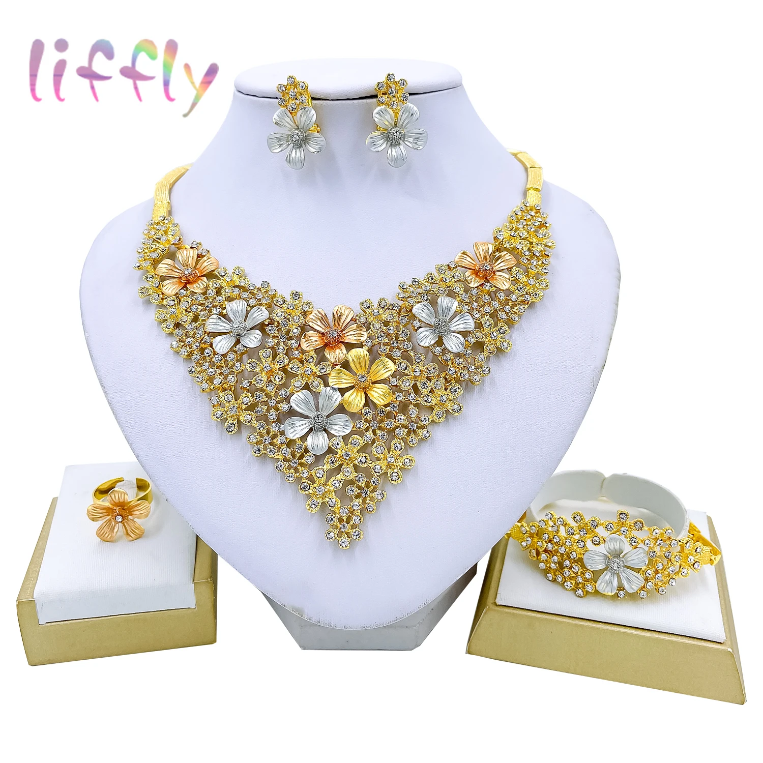 

Liffly Dubai Elegant Bridal Wedding Jewelry Flower Necklace Bracelet Earrings Ring African Fashion Jewelry Sets Women Gift