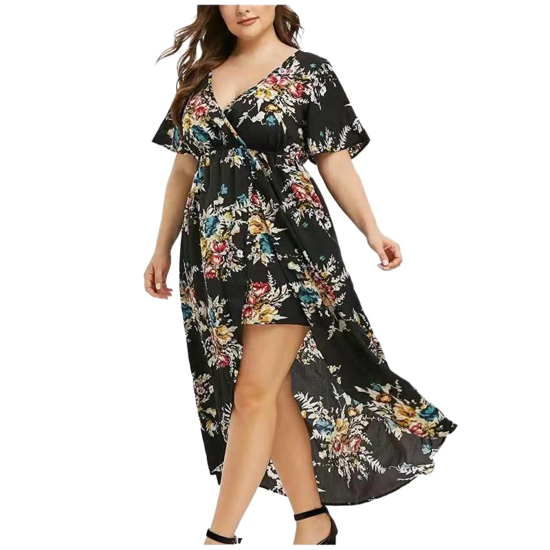 

Plus Size Summer Floral Print Long Dresses Women Wrap V Neck Irregular Hem Maxi Dresses Loose Casual Beach Vestidos Dresses