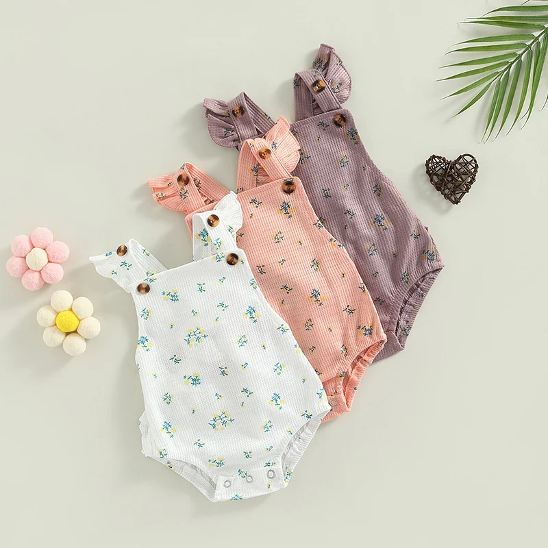 

Infant Baby Girls Waffle Romper, Sweet Floral Print Ruffles Sleeveless Strap Bodysuits Summer Backless Jumpsuit, 0-18months