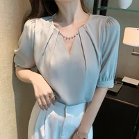2022 summer blouses shirts new korean version blusas mujer femininas round neck beading fashion short sleeve shirt blouse 539b