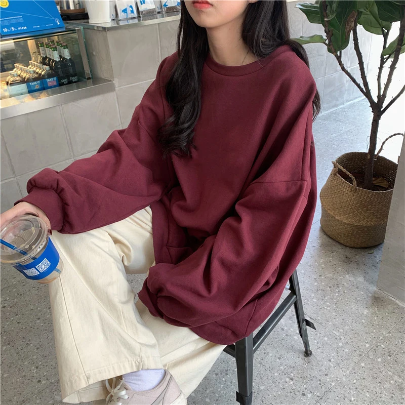 

Korean Pullovers No Hat Hoodies Women Elegant Solid Fashion All-match O-neck Sweatshirts Femme Japanese Style Long Sleeve Tops