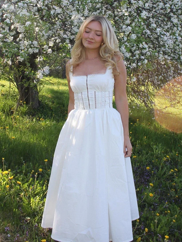 

Summer Square Neck White Midi Dress Elegant Sleeveless A Line Holiday Party Dress Casual Women Lace Dress 2023