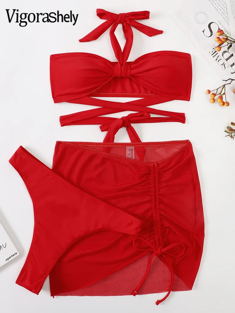 Сексуальный красный купальник Vigorashely с лямкой на шее комплект из 3 предметов