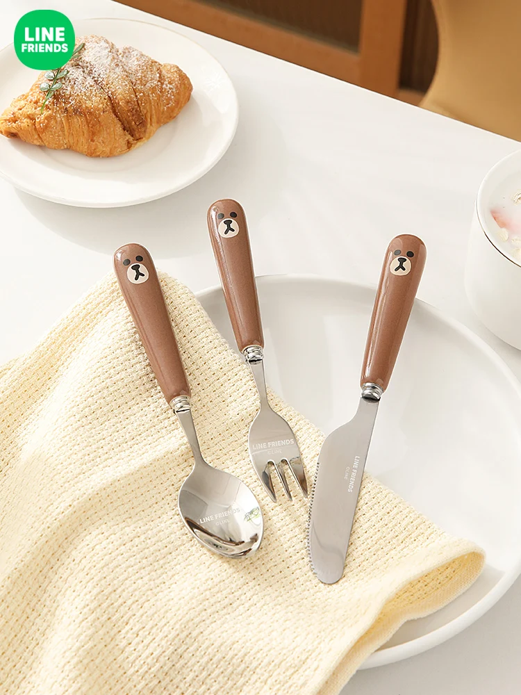 

Line Friends Brown Sally Western Steak Knife Fork 3 piece Set 304 Stainless Steel Ceramic Dessert Spoon Household Tableware Gift