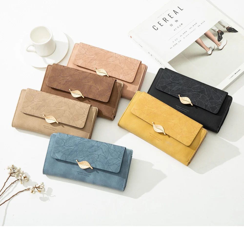 New PU Leather Retro Long Wallets for Women 2022 Simple Frosted Leaf Zipper Buckle Card Holder Large Capacity Women's Clutch