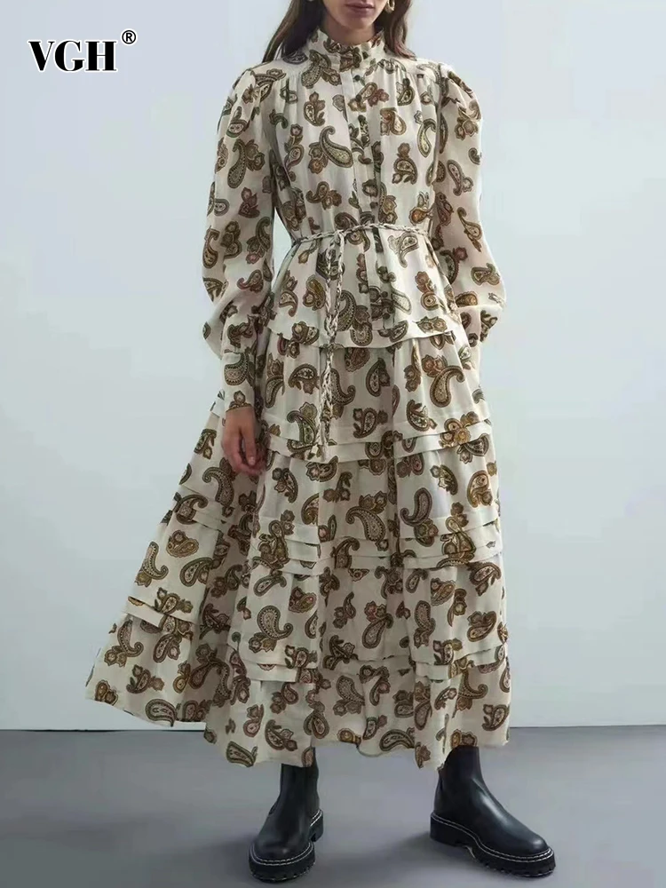 

VGH Vintage Print Dress For Women Stand Collar Loose Long Sleeve Lace Up Midi A Line Dresses Female 2022 Spring Fashion Clothing