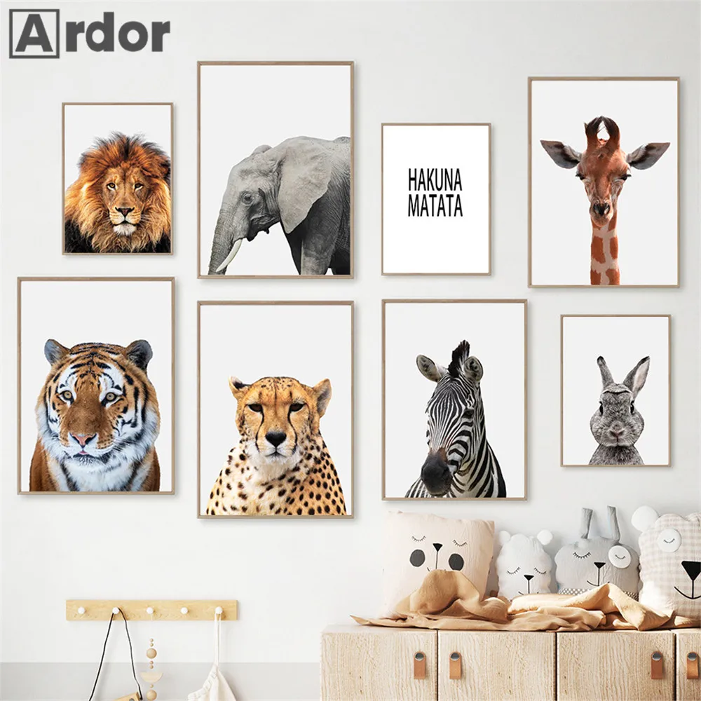 

HAKUNA MATATA Wild Animals Wall Prints Lion Leopard Elephant Giraffe Canvas Art Painting Nursery Poster Pictures Kids Room Decor