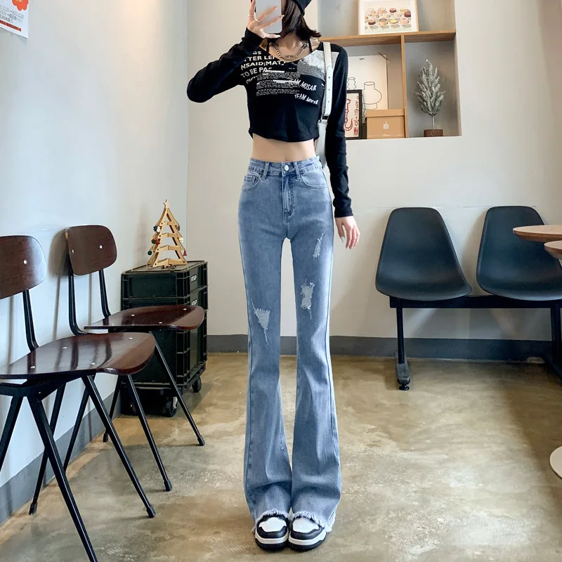 

Weave Jeans Women's Spring Ripped 2022 New Summer High-waisted Slim Nine-point Small Flared Cotton Cozy Denim Pants Trousers