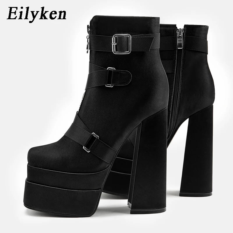 

Eilyken Goth/стильные ботильоны на молнии; Женские модные ботинки на Высоком толстом каблуке черного цвета в стиле панк; Ботинки «Челси»; Botas De Mujer