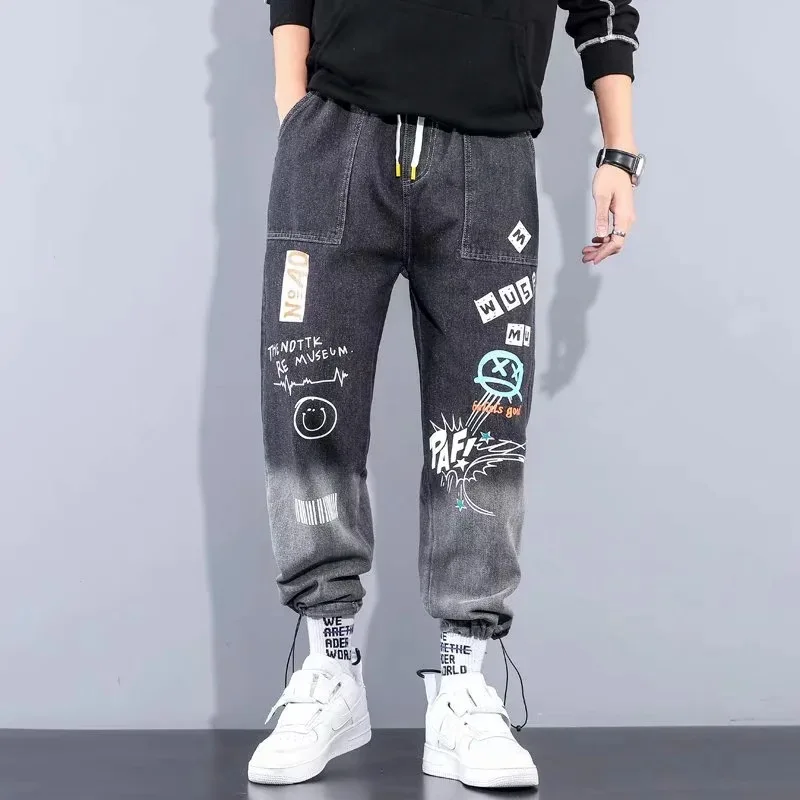 HOUZHOU Men's Jeans Pants Denim Pants Blue High Waisted Jeans Baggy Printed Denim Trousers Male Jeans Hip Hop Streetwear 5XL