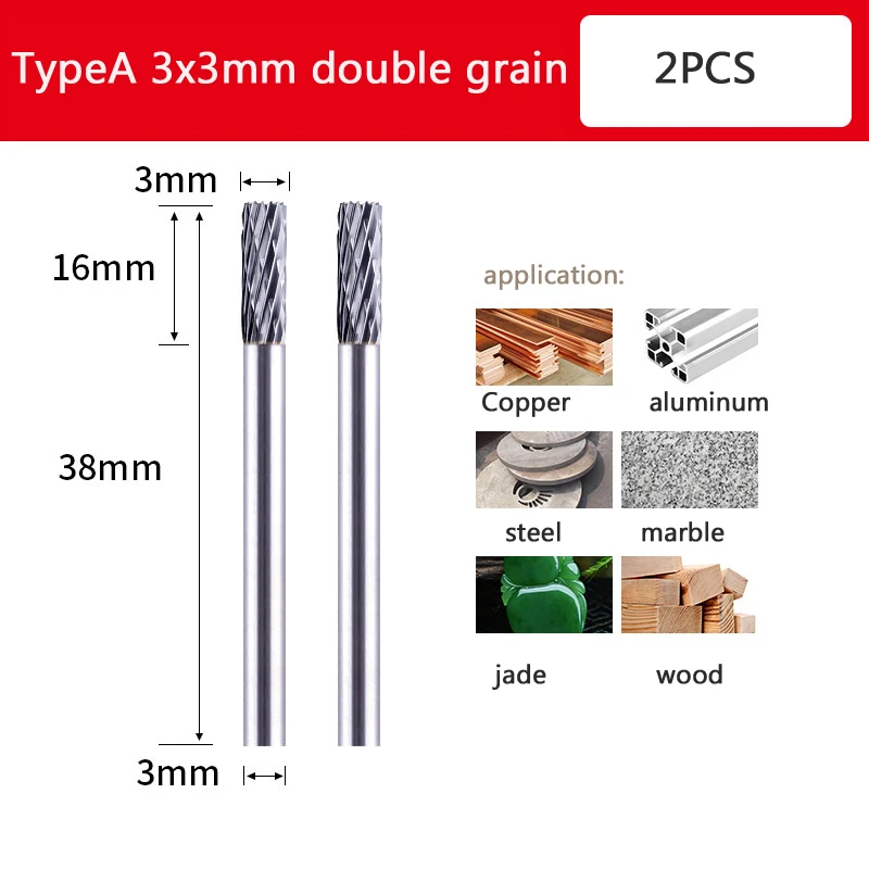 Фрезы из карбида вольфрама с хвостовиком 3 мм, вращающийся инструмент, заусенцы, двойная Алмазная Бриллиантовая фреза, металлическое дерево, электрическое шлифование