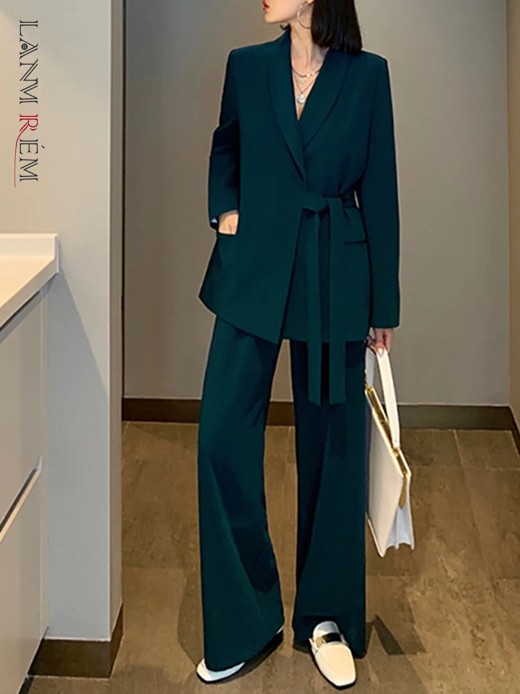 

Женский комплект из 2 предметов LANMREM, блейзер с поясом пальто с длинными рукавами и высокой талией, однотонные брюки на одной пуговице, женская одежда, 2YA1232