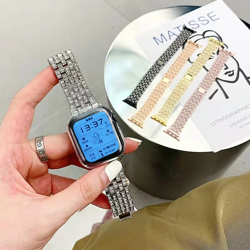 

Metal Diamond Strap For Apple Watch Band Gold 38mm 40mm 42 44 41 45mm Stainless Steel Bracelet For iWatch 7/6/5/4 Lady Ring Belt