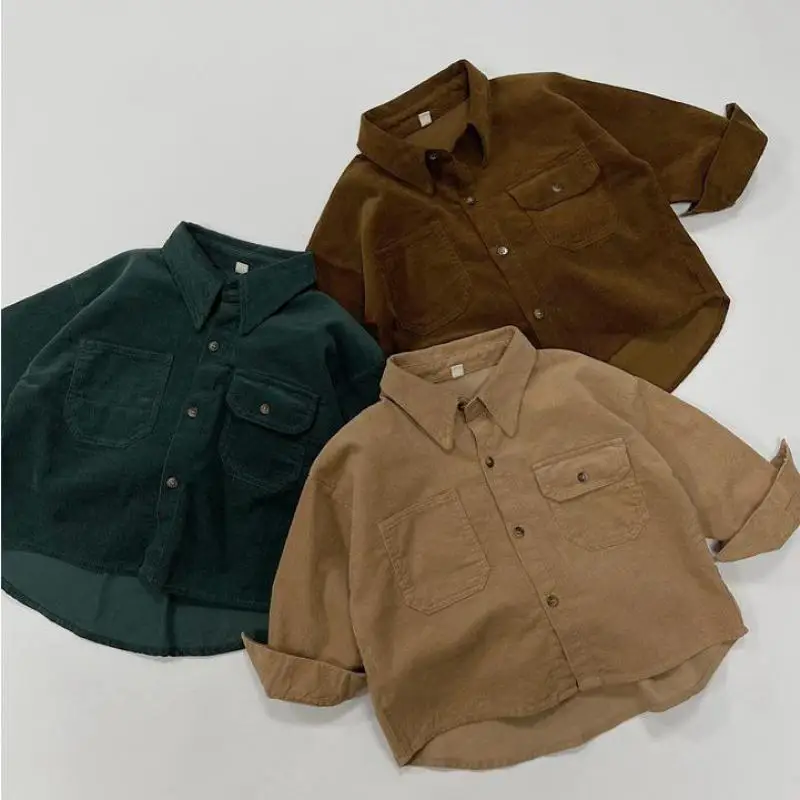 

Autumn Children's Clothing Boy Infant Retro Solid Shirt Kid Pockets Casual Long Sleeve Tops Coat Girl Baby Loose Cotton Blouses