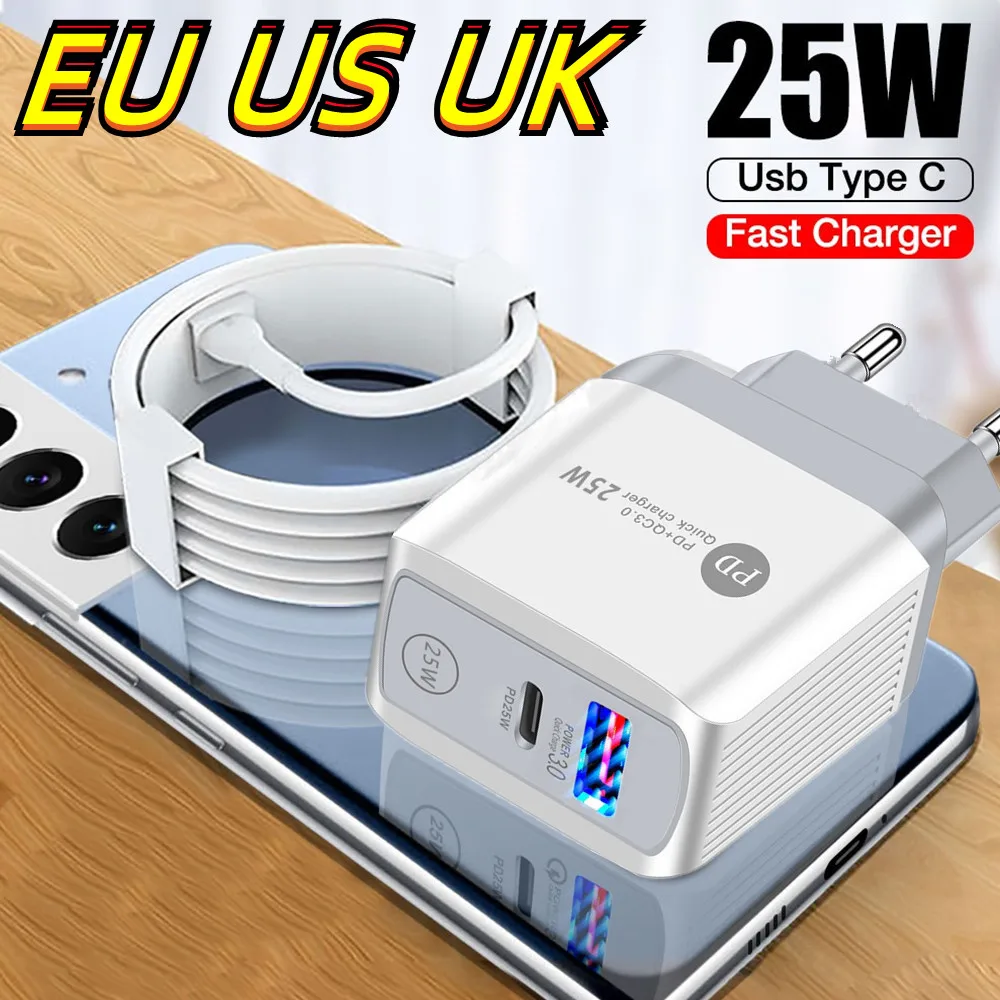 

Fast Quick Charging 25W Dual Ports A+C PD USB-C Power Adapter Wall Charger Type c Adatpers For Iphone 12 13 14 Samsung htc lg