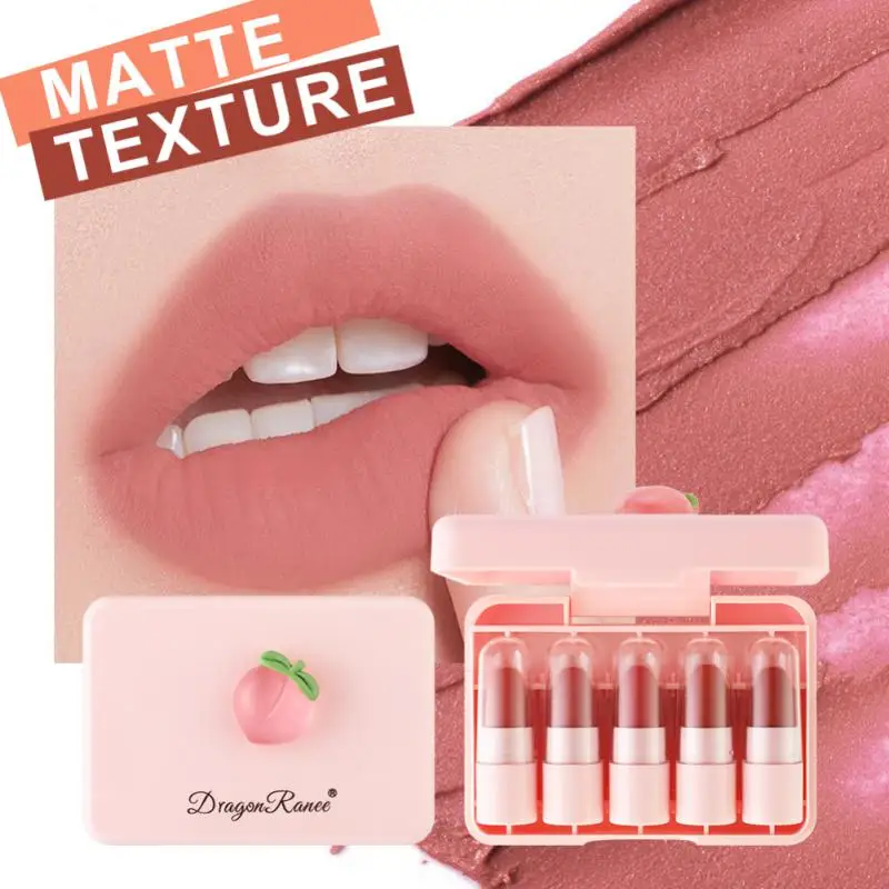 

5pcs/set Peach Mini Lipstick Set Matte Velet Lip Gloss Waterproof Anti-perspiration Long-lasting Non-stick Cup Lip Cosmetics