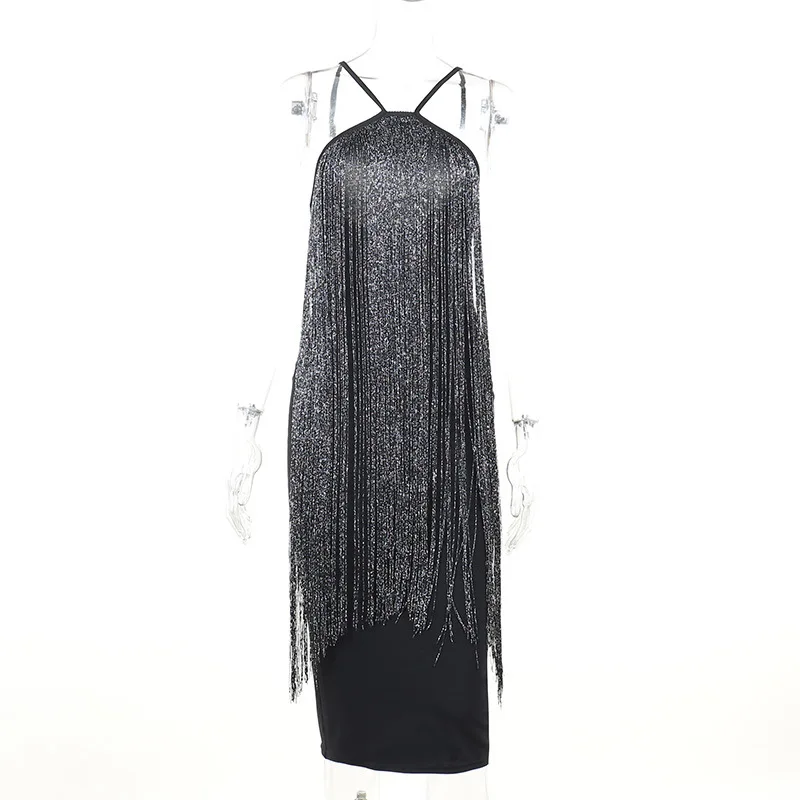 Women Sexy Tassels Party Dress Halter Sleeveless Backless Evening Prom Dress Fashion Slim Waist Sequined Nightclub Dresses