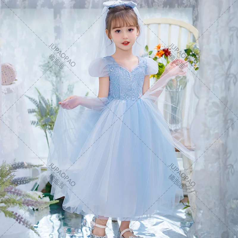 

Высококачественное платье для девочек с Эльзой и головным убором, платье Анны и Эльзы, костюм принцессы на Хэллоуин, осеннее платье-пачка ярко-синего цвета для малышей