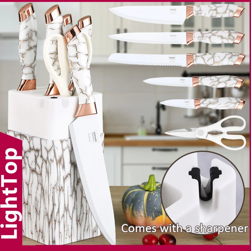 

Набор кухонных ножей из 7 предметов, ножницы для куриных костей с точилкой, держатель для ножей, универсальный нож, нож для хлеба, набор острых кухонных ножей