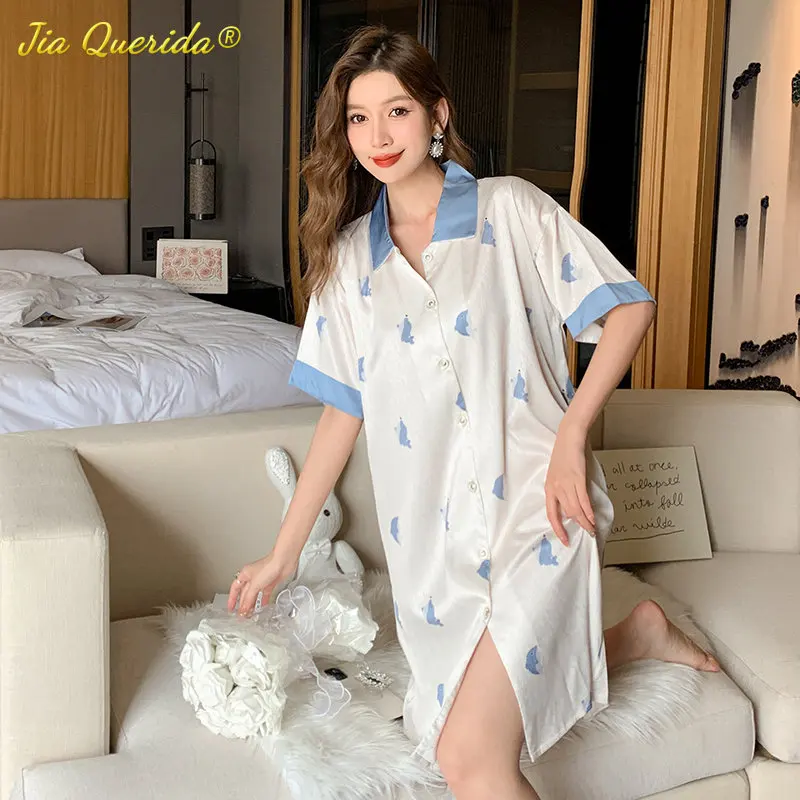 

SUKAE Elegant Woman Nightdress Luxury Ice Silk Sleepshirt for Girl Summer Short Sleeves Turn-down Collar Women Sexy Nightgowns