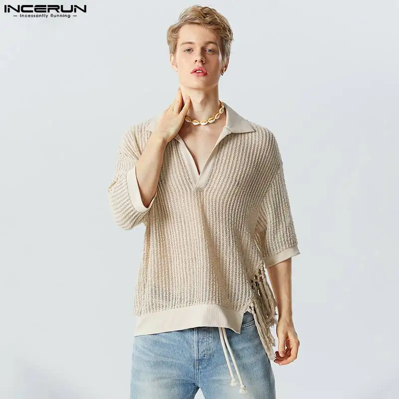 

Fashion Well Fitting Tops INCERUN Sexy Mens Hollow Micro See-through Tassel Shirts Casual Solid Lapel Short Sleeved Blouse S-5XL