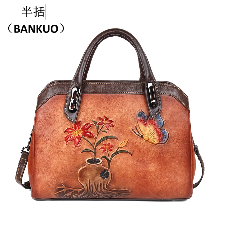

BANKUO 2023 New top layer cowhide leather single-shoulder bag Chinese style retro floral handbag brushed crossbody women's bag
