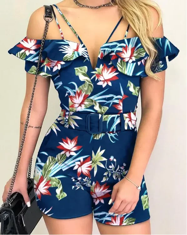 

Women's Jumpsuit, Sexy,Tropical Print Ruffle Hem Cold Shoulder Belted Romper