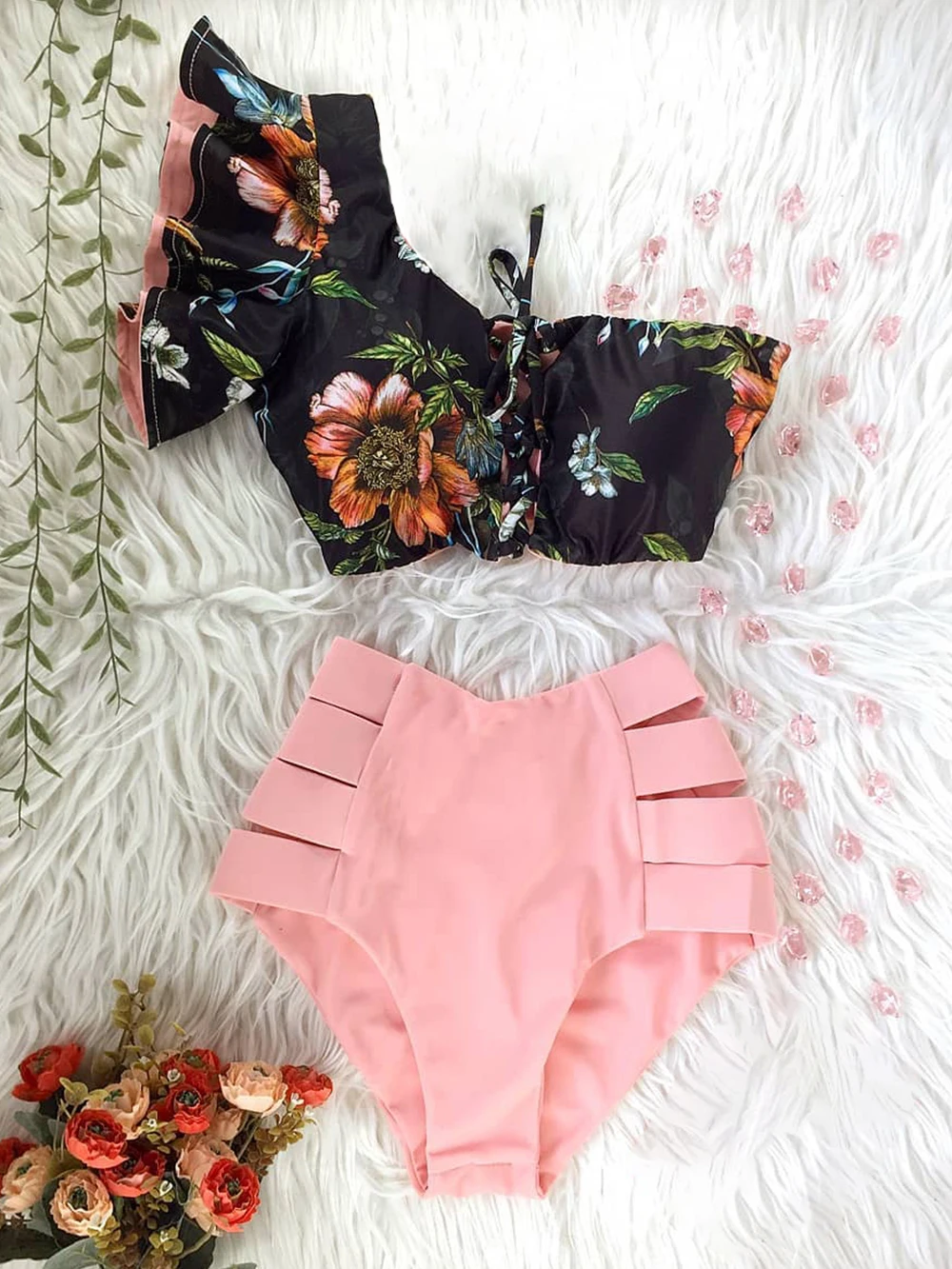 

2022 Sexy Print Bikinis Women Swimsuit Shoulder Ruffle Swimwear High Waist Bathing Suit Beachwear Biquini female