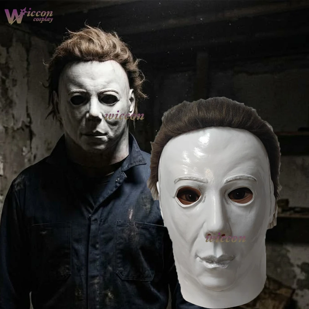 Фото Маска Майкла Майерса KospLAY White Face 1978 года, резиновая, на все лицо, страшная, с париком, для Хэллоуина, забавный костюм для косплея №2