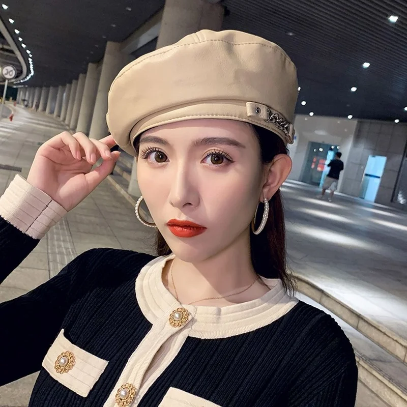 Новый Берет шапки для женщин осень зима весна искусственная кожа металлическая