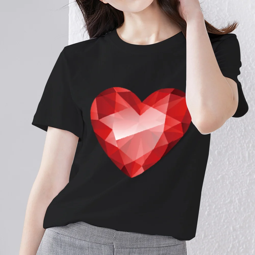

Women T-Shirt Vintage Love Heart Pattern Series Summer Black All-match O Neck Short Sleeve Tees Casual Tops XXS-3XL Clothing