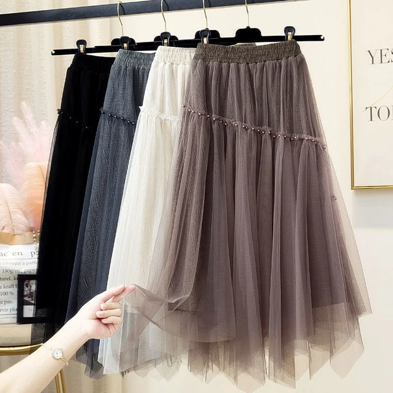 

2022 Spring Cashmere Yarn Skirt Half Length Skirt Mesh Skirt Dance High Waist Hanging Feeling Half Yarn Skirt