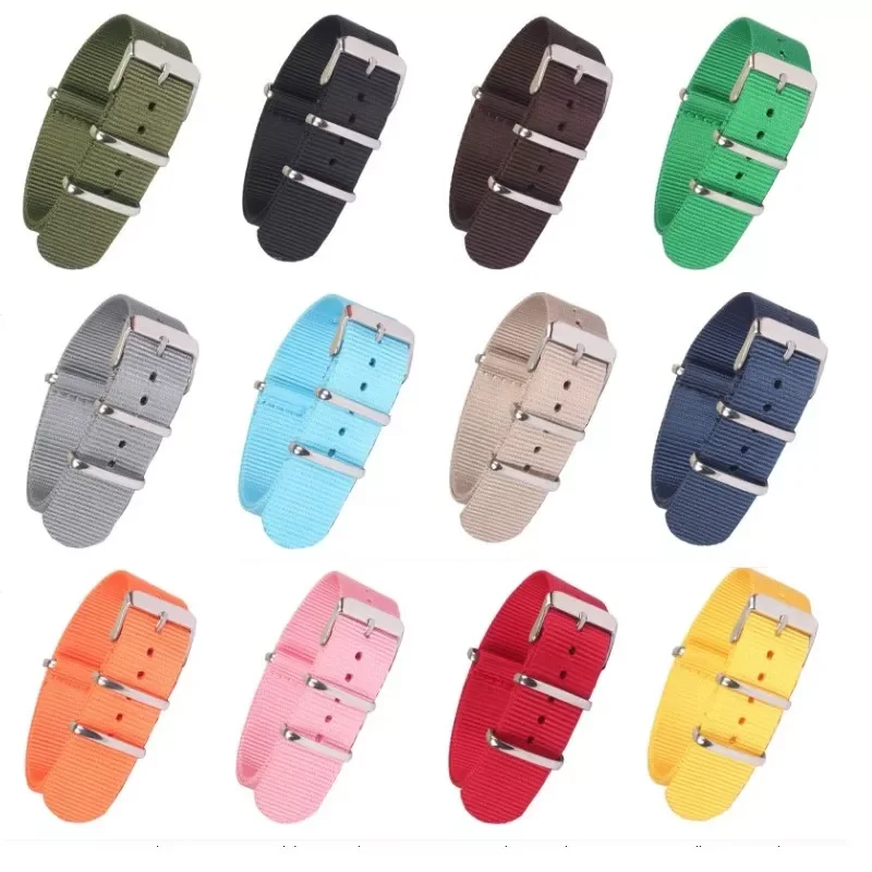 

New Strong Solid Color watchband Wristwatch Band Stainless steel Buckle fabric brown Red Black Nylon Nato Strap 22mm 18mm 20mm