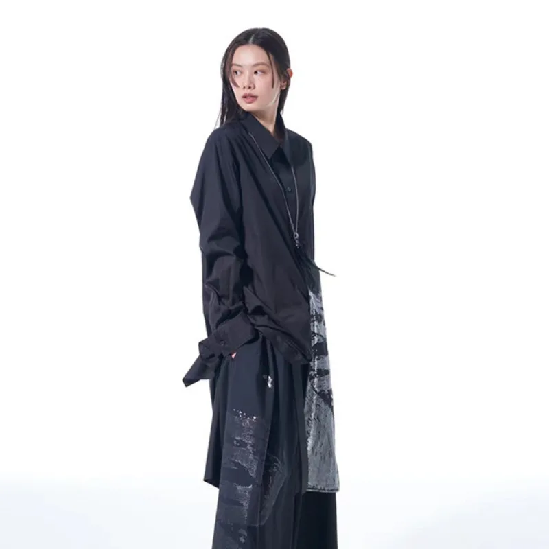 Shi Męska koszula niszowy średniej długości odblaskowy nadruk luźna wiatrówka z długim rękawem fala ciemny szykowny trencz nowy płaszcz