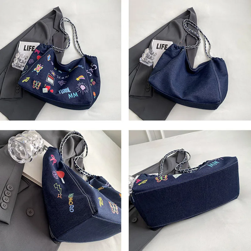 Casual Commuting Printed Graffiti Tote Bag Large Capacity Denim Shoulder Bags Fashion Chain Crossbody Satchel Shopping Storage