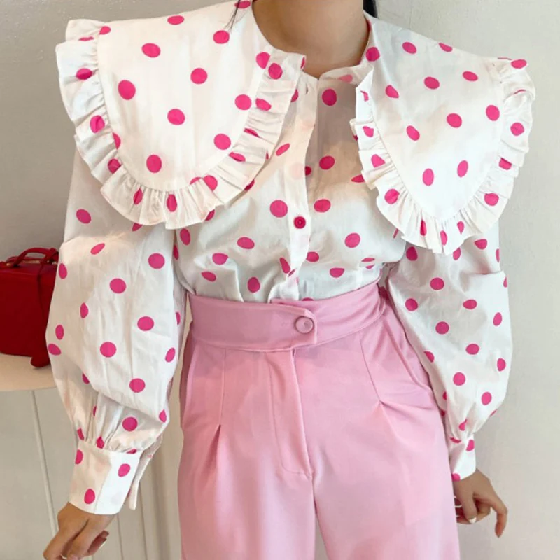 

Korean Polka Dot Blouse Shirt Sweet Ruffle Peter Pan Collar Women Tops Causal Long Sleeve 2022 Spring New Blusas Mujer