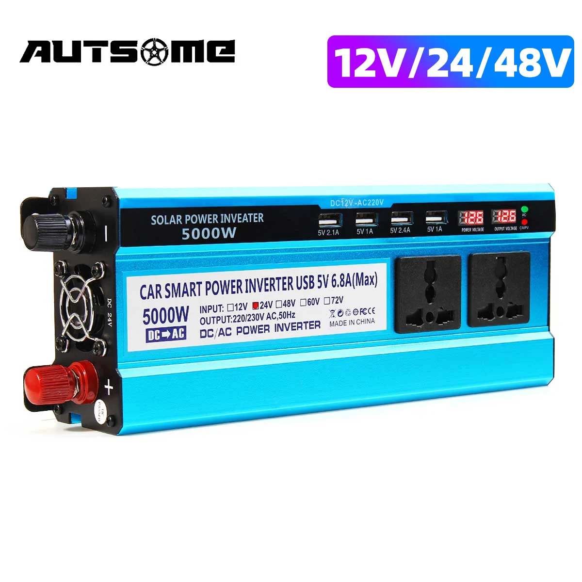 

5000W LCD Solor Car Power Inverter DC 12V/24V/48V To AC 220V Converter 3 Sockets 4 USB Ports Charger Voltage Transformer Adapter