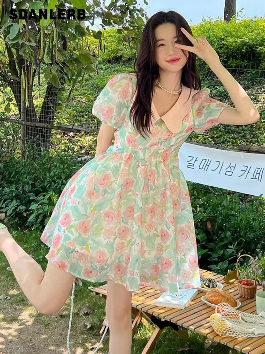

2022 Summer New Women's Korean-Style Petal Collar Puff Sleeve Short Dress Floral Oil Painting Waist-Tight A- Line Dress