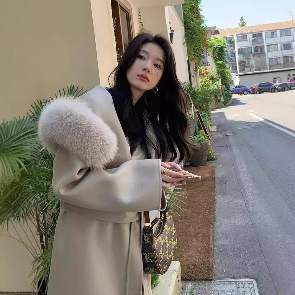 French Lazy 2024 осенне-зимнее новое двустороннее кашемировое пальто с капюшоном