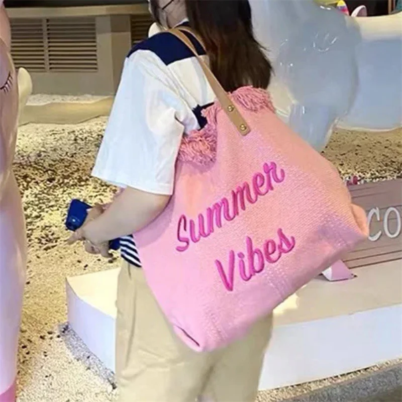 

Women Tote Bag Large Capacity Beach Bag Letter Print Tassel Shopping Handbag Simple All-Match Fashion Lady Bags Vacation Style