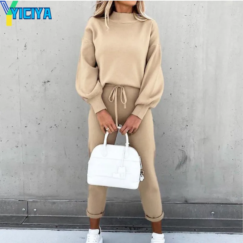 

YICIYA Autumn Winter Homesuit Tracksuit Women Pants Suit Solid Turtleneck Hoodie And Pocket Casual Trousers Two Piece Sets 2023