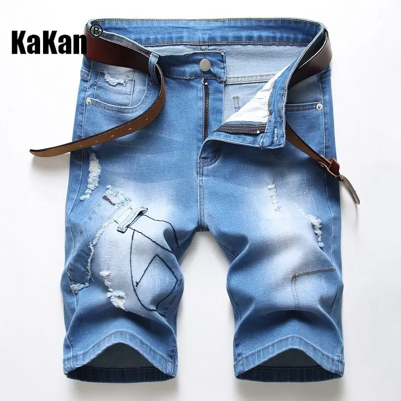 Kakan - European and American Men's Jeans In Holes, Blue New Elastic Patch Personalized Short Jeans Men's K02-386