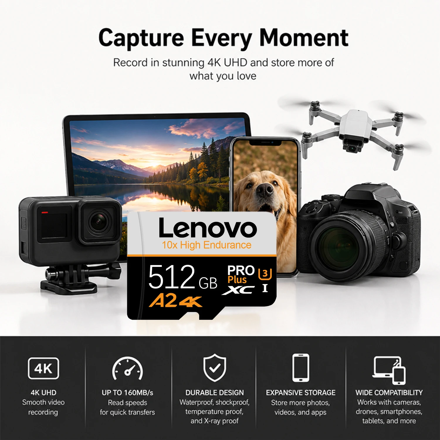 Фото Карта памяти Lenovo SD, 128 ГБ, 256 ГБ, V30 U3, высокоскоростная флэш-карта TF, 4K Full HD Video, карта Micro SD для телефона Xiaomi, камеры, ПК №2